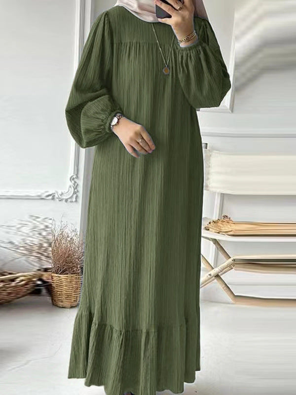 L8019 Puff Sleeve Vintage Pocket Hem Ruffle Dress