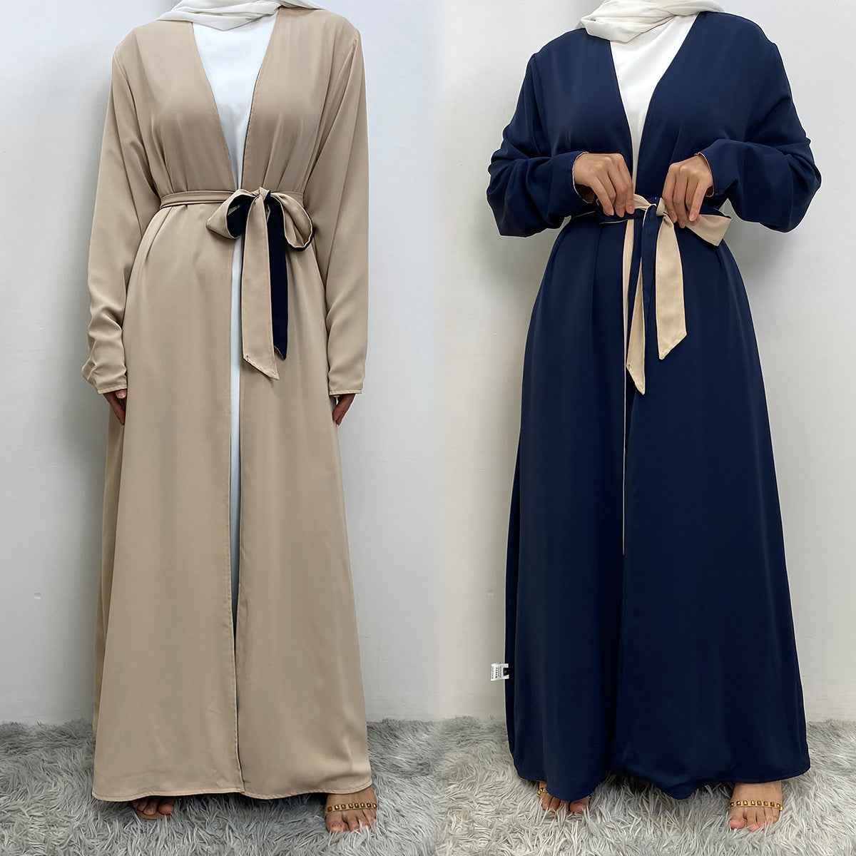 1991 Solid color reversible cardigan with pockets and tie abaya