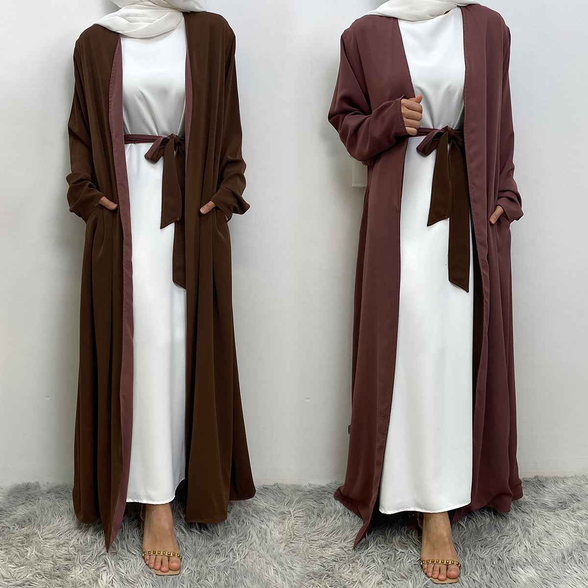 1991 Solid color reversible cardigan with pockets and tie abaya