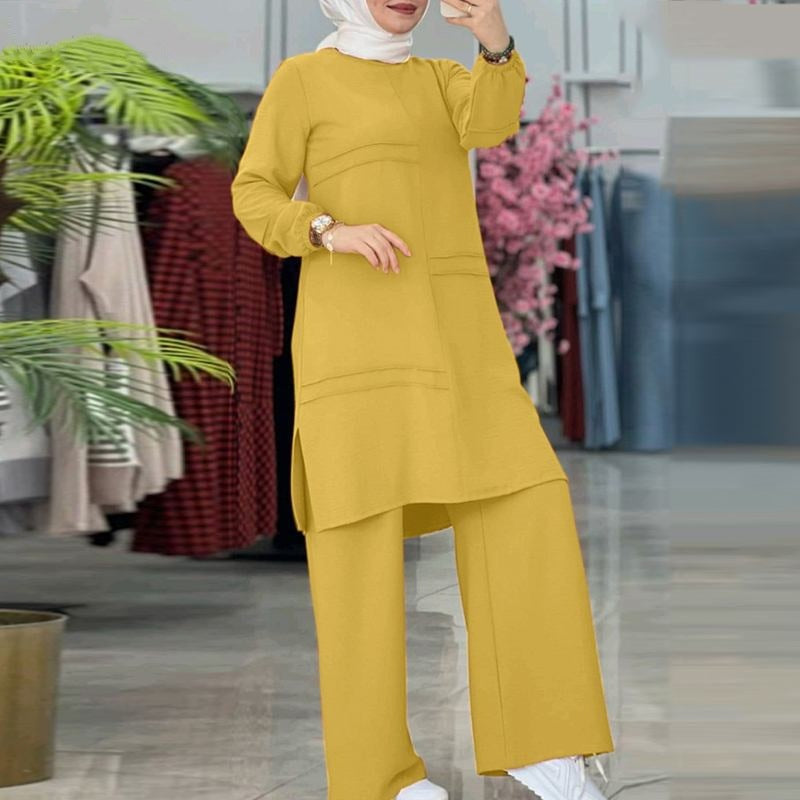 L8052 Solid color long-sleeved shirt wide-leg pants suit