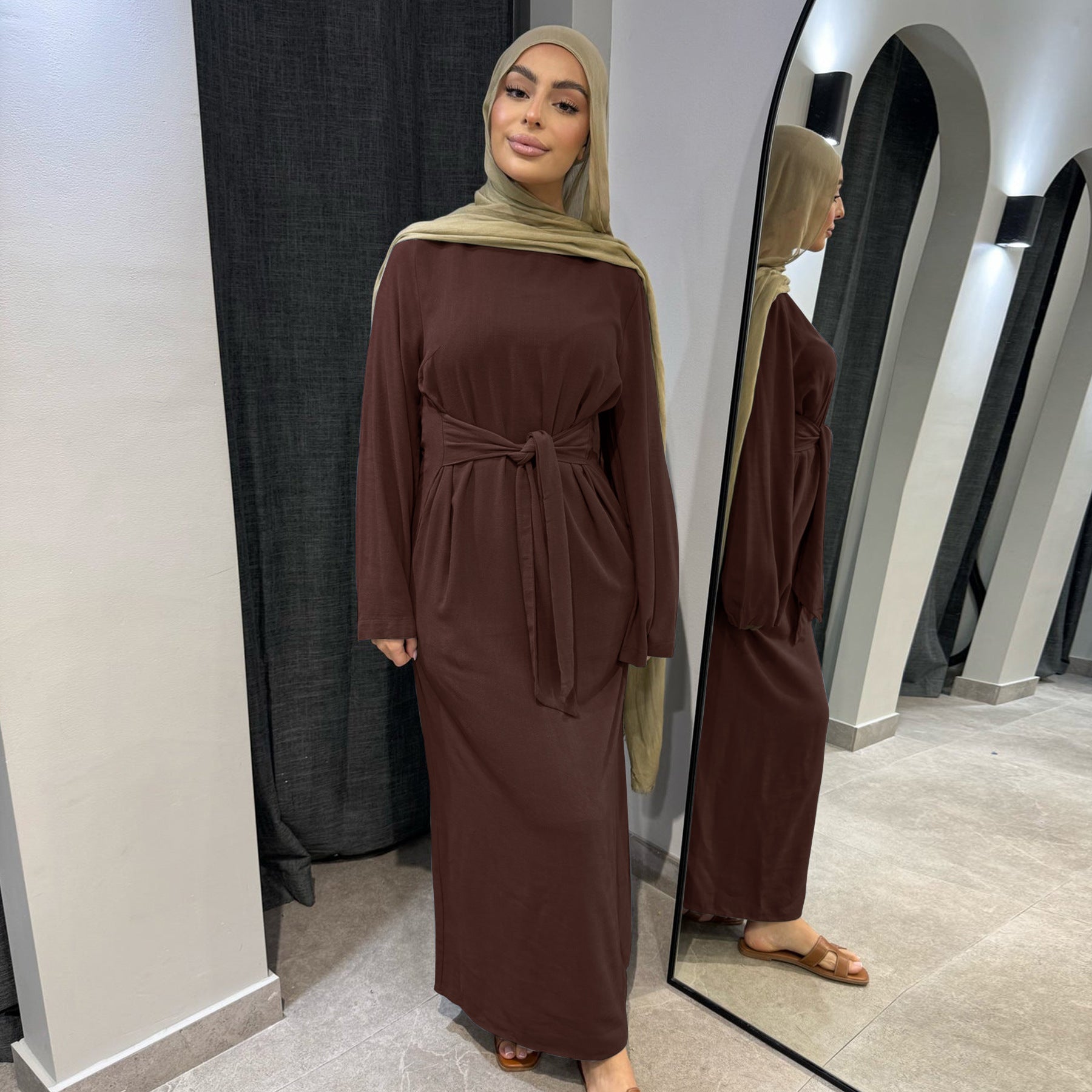 LR936 Fashionable lace-up cotton and linen abaya