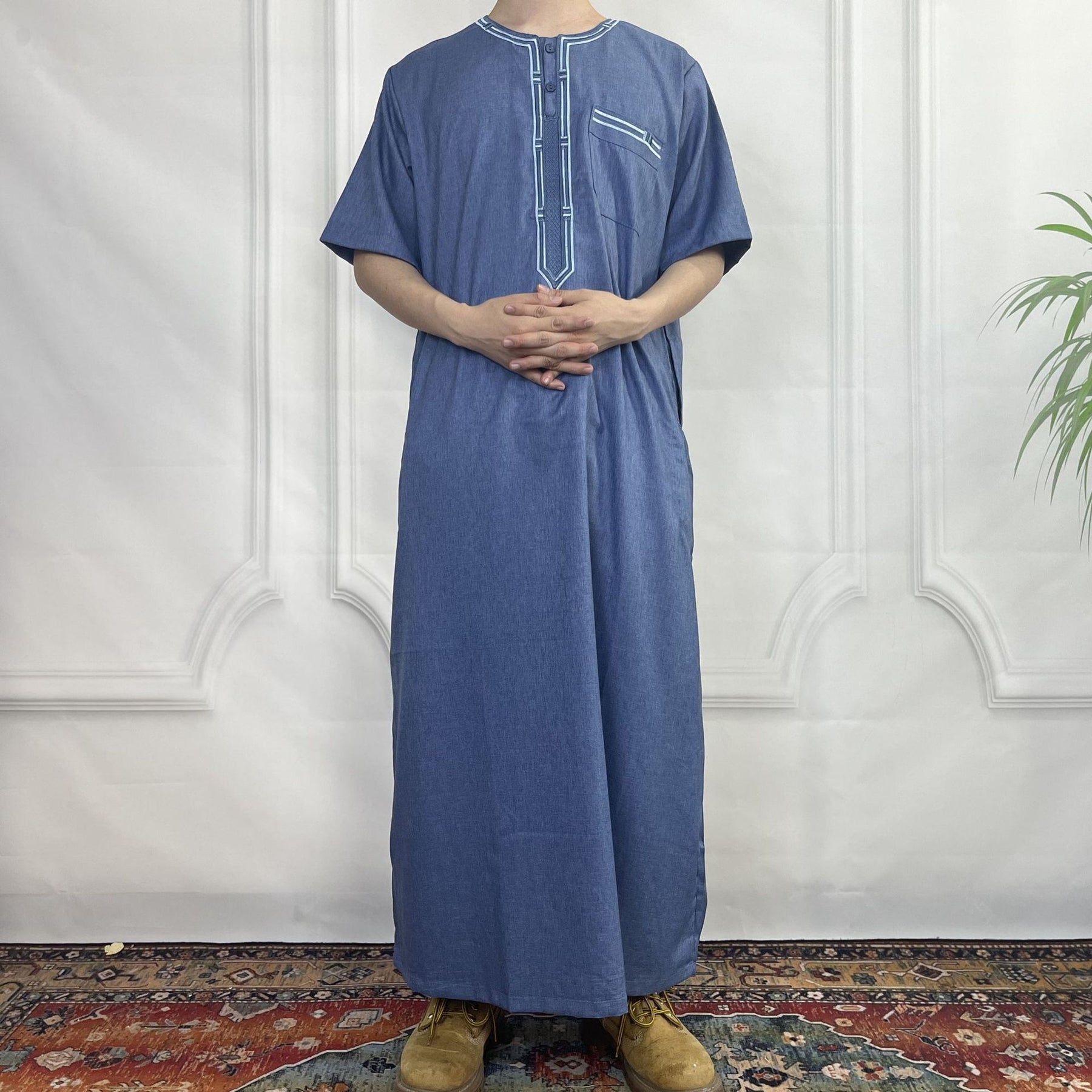 FN52-34 Cross-border short-sleeved embroidered round-neck men's robe abaya