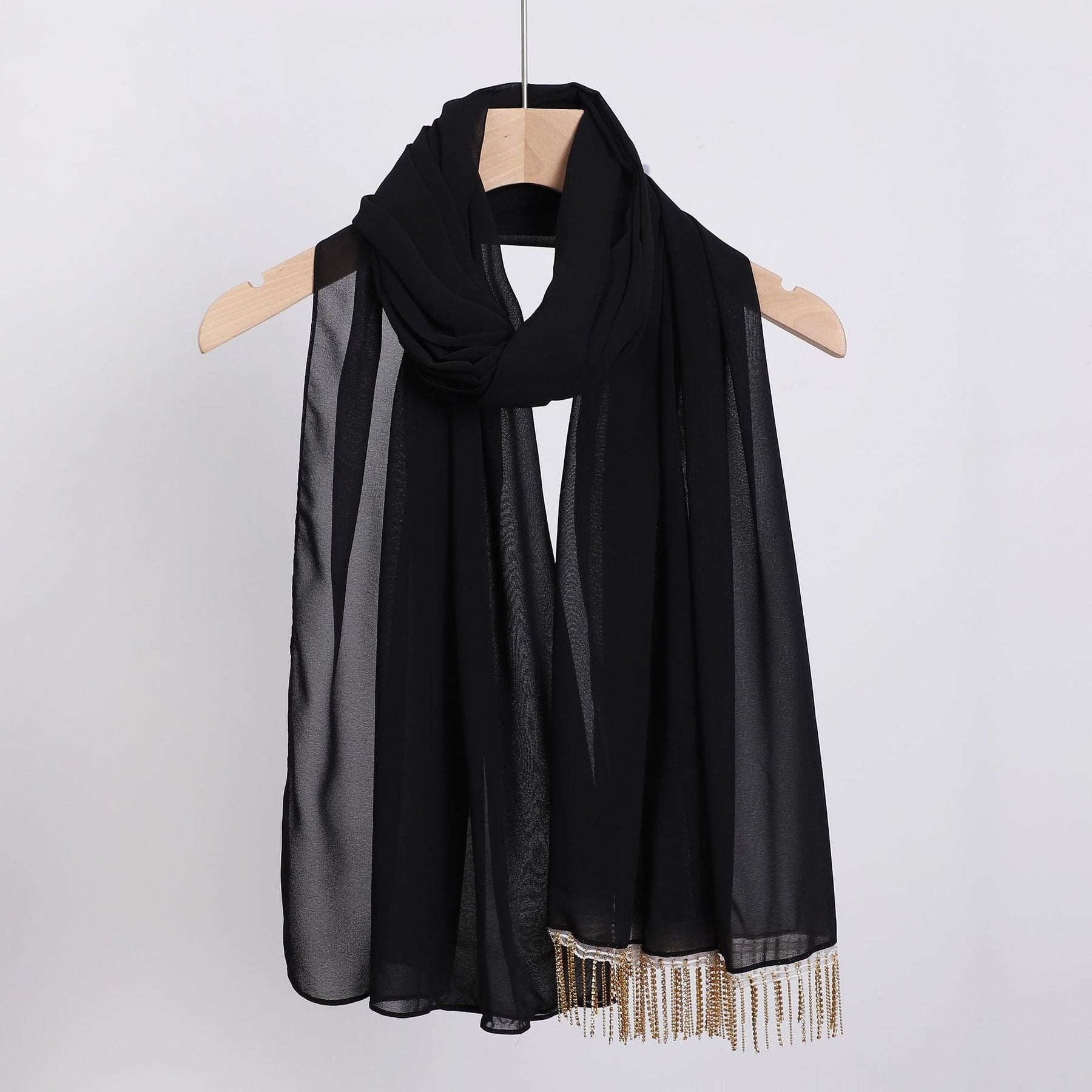 W-1126 Pearl Chiffon Diamond Tassel Long Scarf