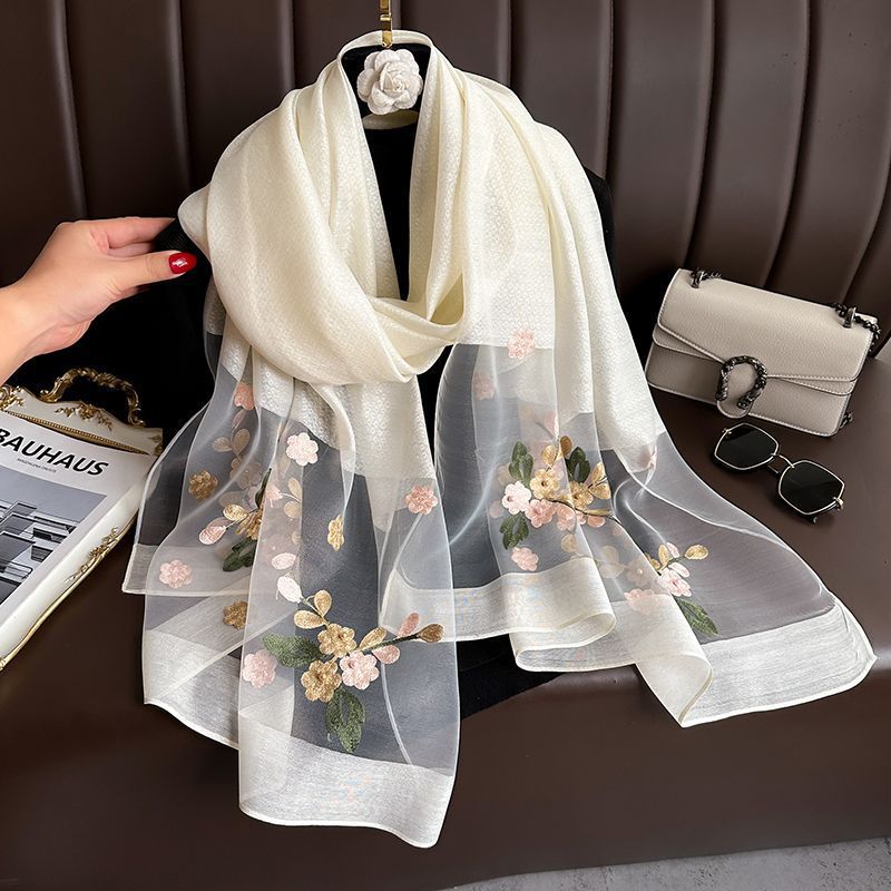 SZ109 Embroidered Begonia Flower Long Scarf