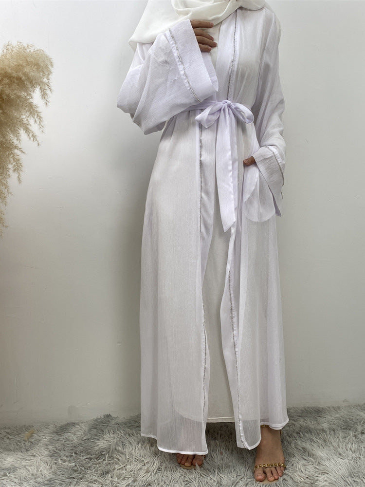 1425 Diamond Muslim Tie-Drawstring Mesh Cardigan Robe