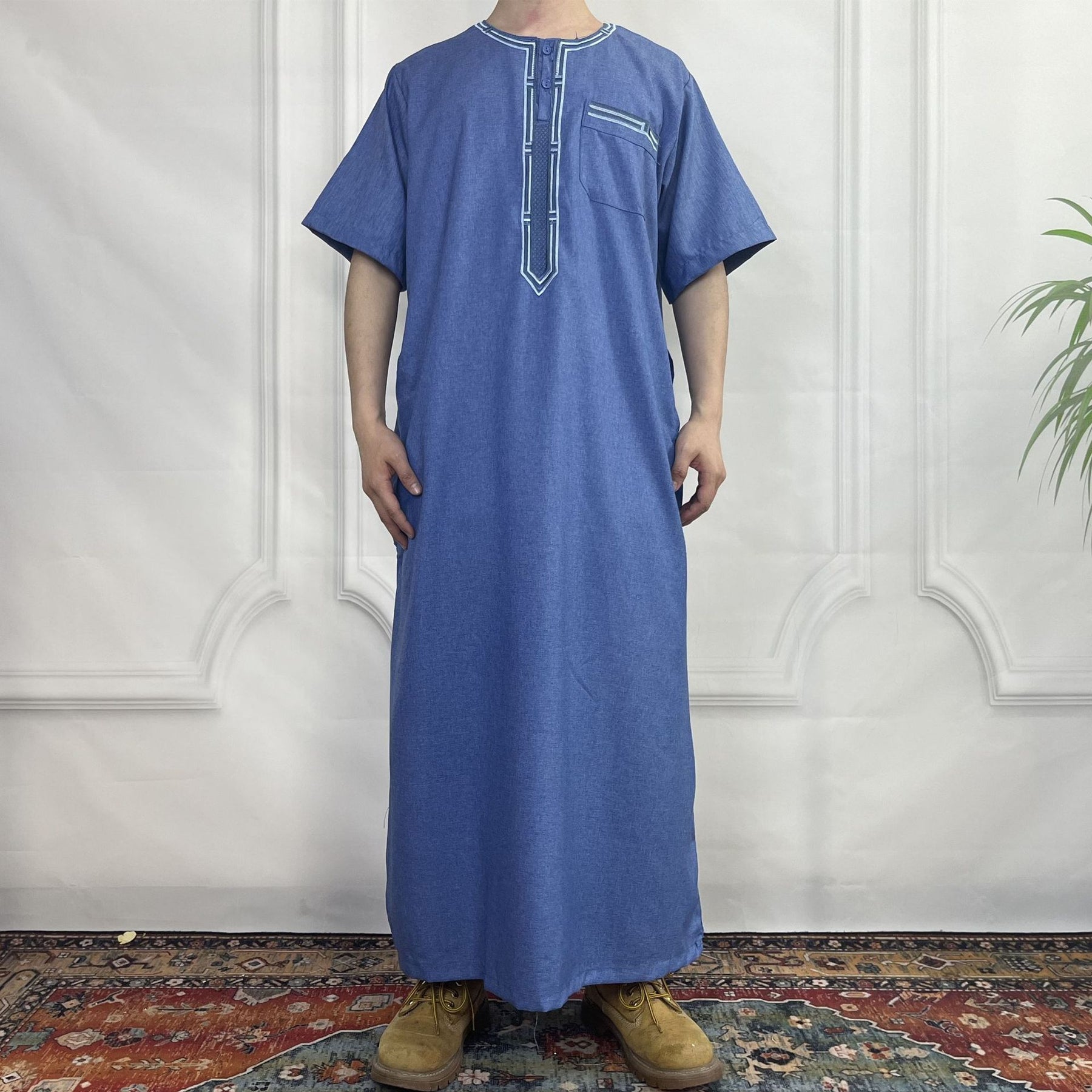 FN52-34 Cross-border short-sleeved embroidered round-neck men's robe abaya