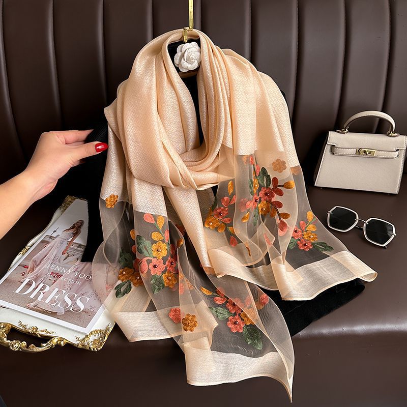 SZ109 Embroidered Begonia Flower Long Scarf