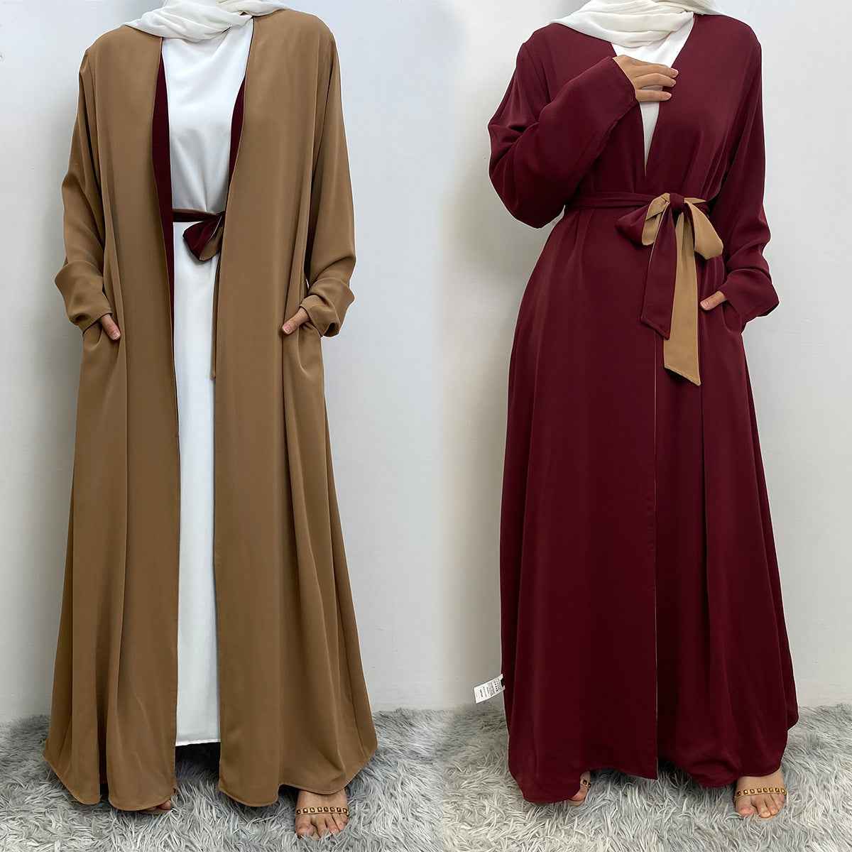 1991 Solid color reversible cardigan with pockets and tie abaya