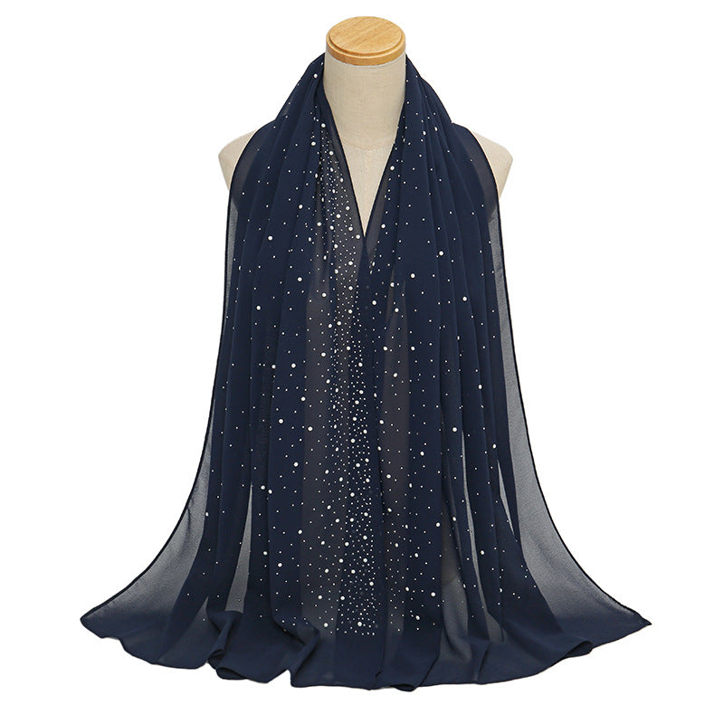 YS021 Pearl Chiffon Diamond Long Scarf for Women - MOQ:2 - MinYang Fashion Apparel Accessory Manufacturer