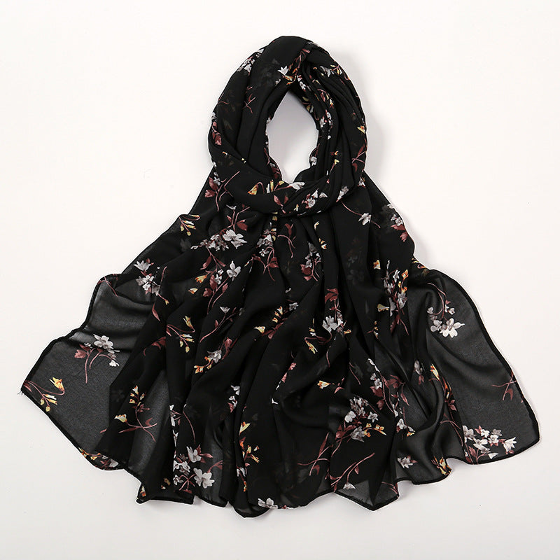YW332 Fresh floral chiffon print long scarf for women in stock Hot selling small floral long shawl plain hijab hijab/tudung printed hijab