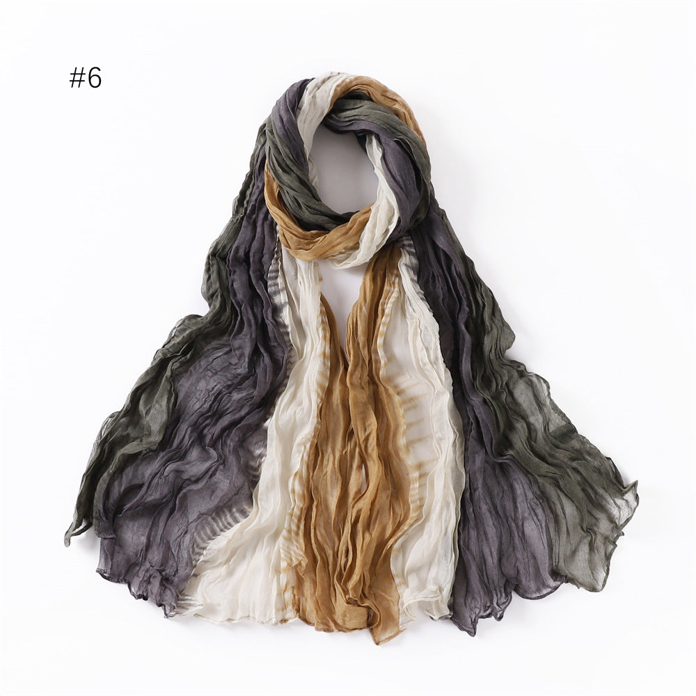 YZ68 Gradient Bali yarn wrinkled hand-painted long scarf rainbow color thin twist wrinkled scarf silk scarf sunscreen shawl plain hijab printed scarf hijab/tudung