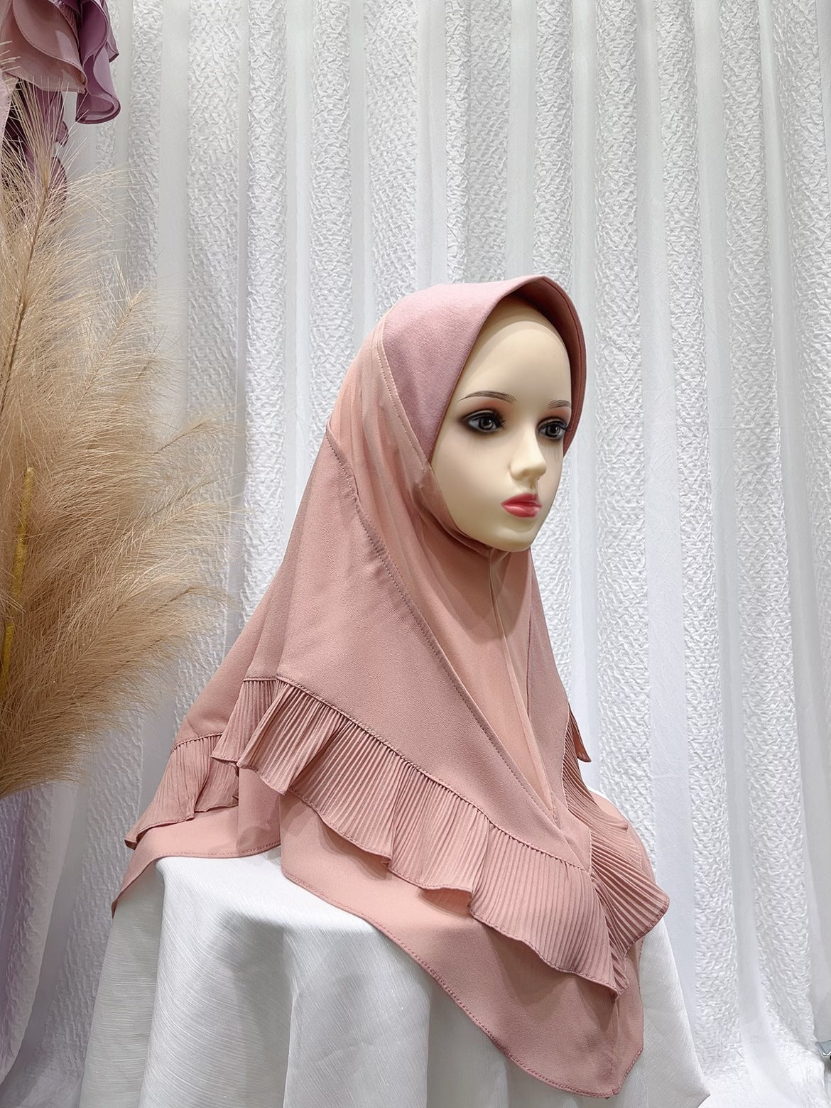 LNTJ001 Double layer pleated solid color chiffon headscarf