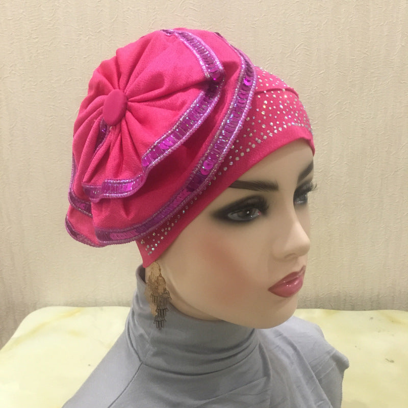 H140 estampado de diamantes de imitación sombrero turbante de flores