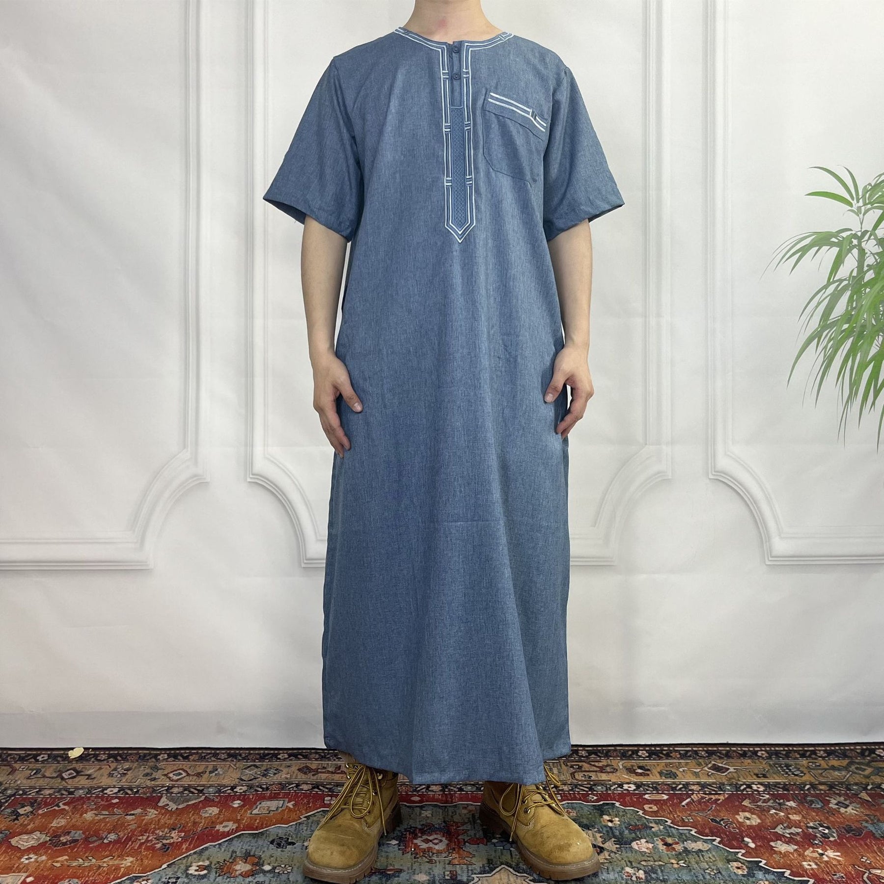 FN52-34 Cross-border short-sleeved embroidered round-neck men's robe abaya