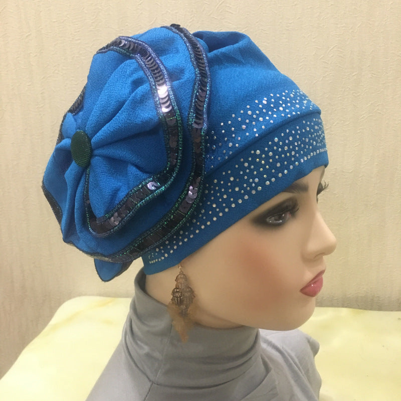 H140 estampado de diamantes de imitación sombrero turbante de flores