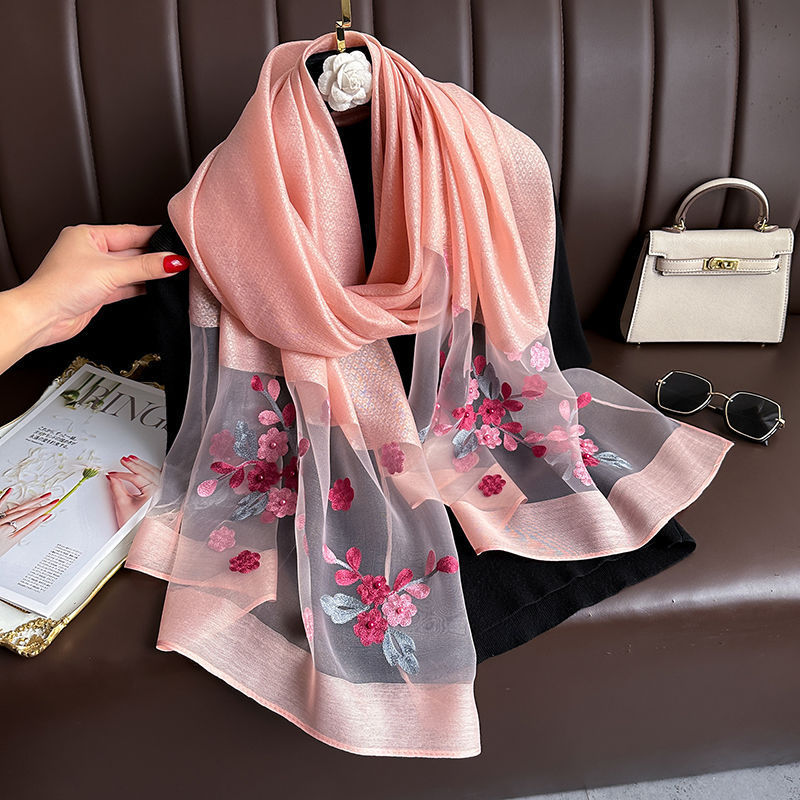 SZ109 Embroidered Begonia Flower Long Scarf