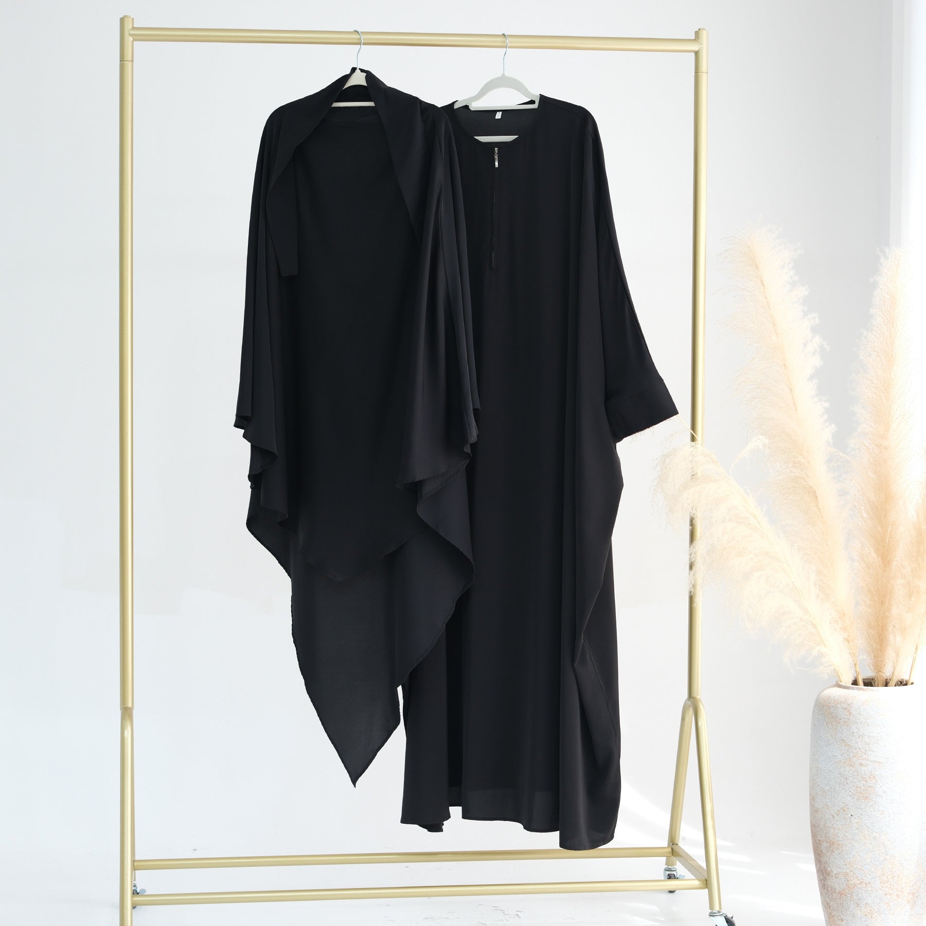 LR425+HJ901 Large solid color bat sleeve abaya