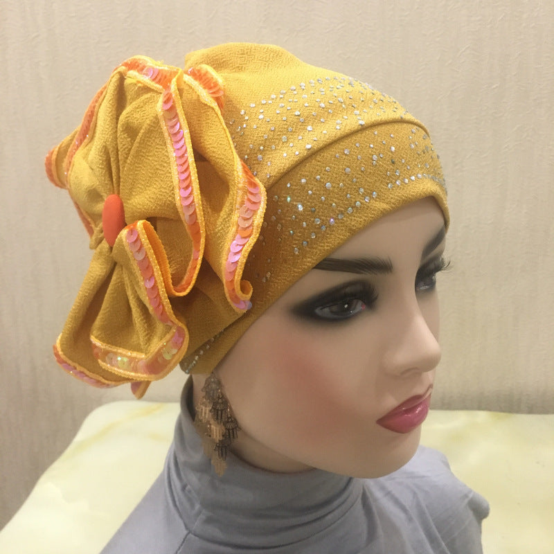 H140 estampado de diamantes de imitación sombrero turbante de flores
