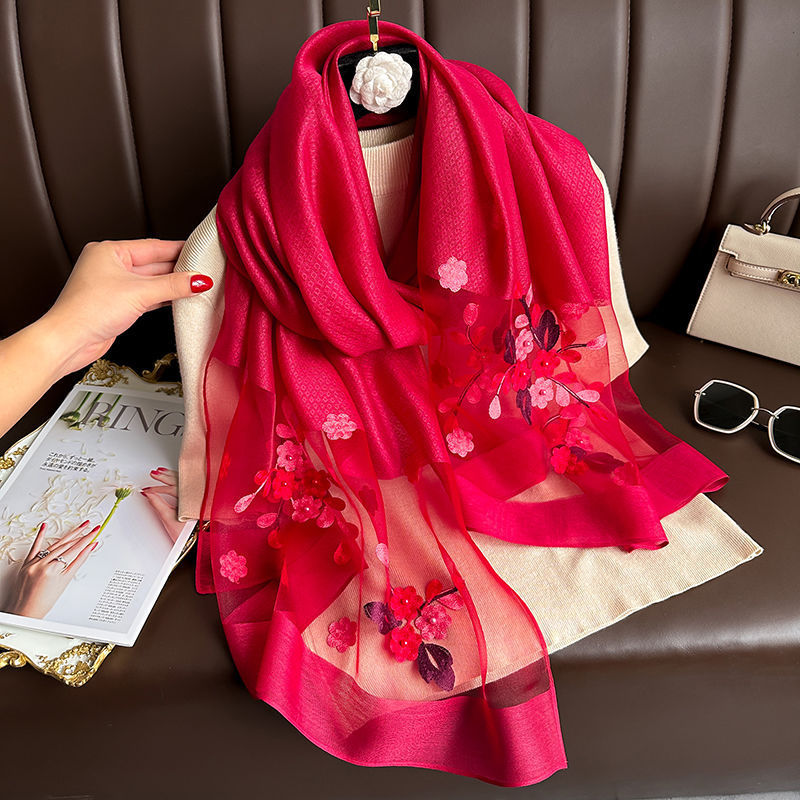 SZ109 Embroidered Begonia Flower Long Scarf