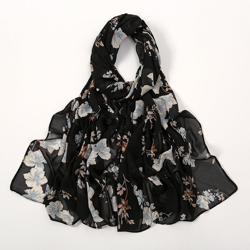 YW332 Fresh floral chiffon print long scarf for women in stock Hot selling small floral long shawl plain hijab hijab/tudung printed hijab