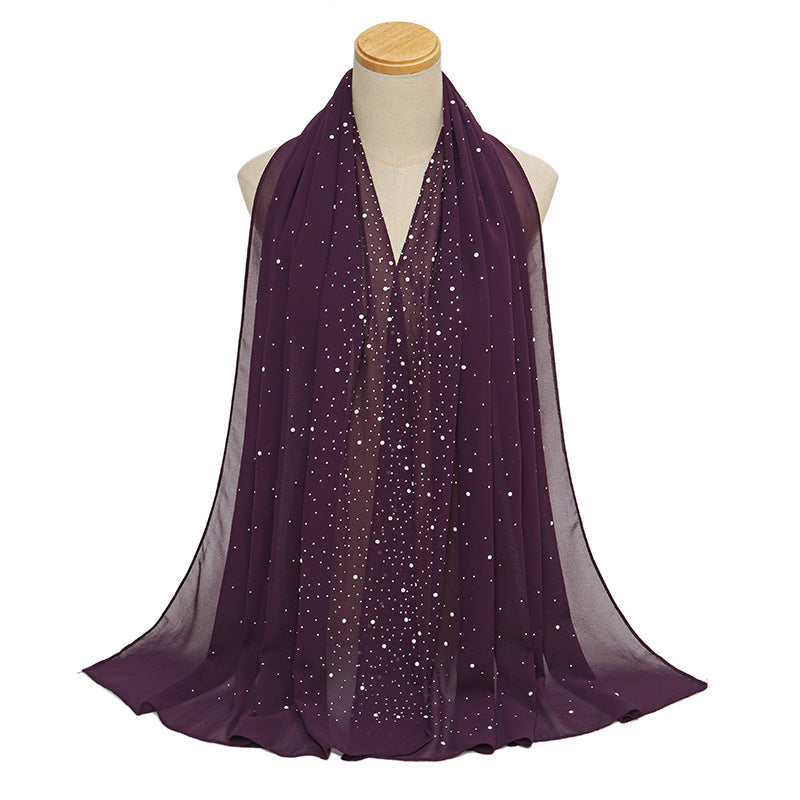 YS021 Pearl Chiffon Diamond Long Scarf for Women - MOQ:2 - MinYang Fashion Apparel Accessory Manufacturer