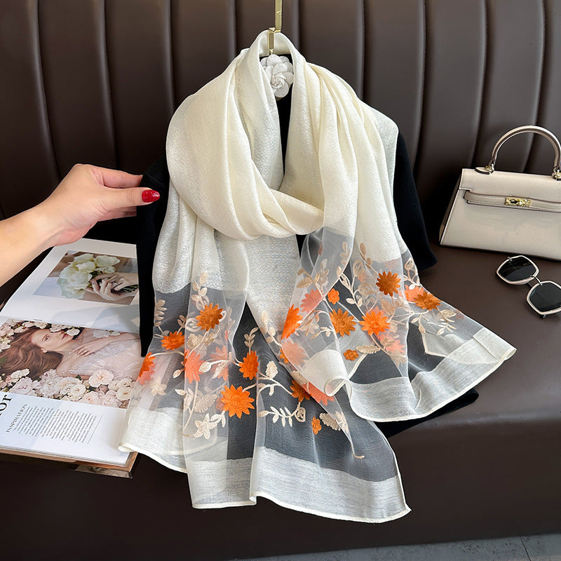 SZ109 Embroidered Begonia Flower Long Scarf