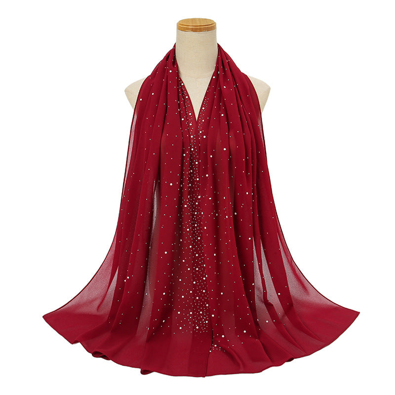YS021 Pearl Chiffon Diamond Long Scarf for Women - MOQ:2 - MinYang Fashion Apparel Accessory Manufacturer