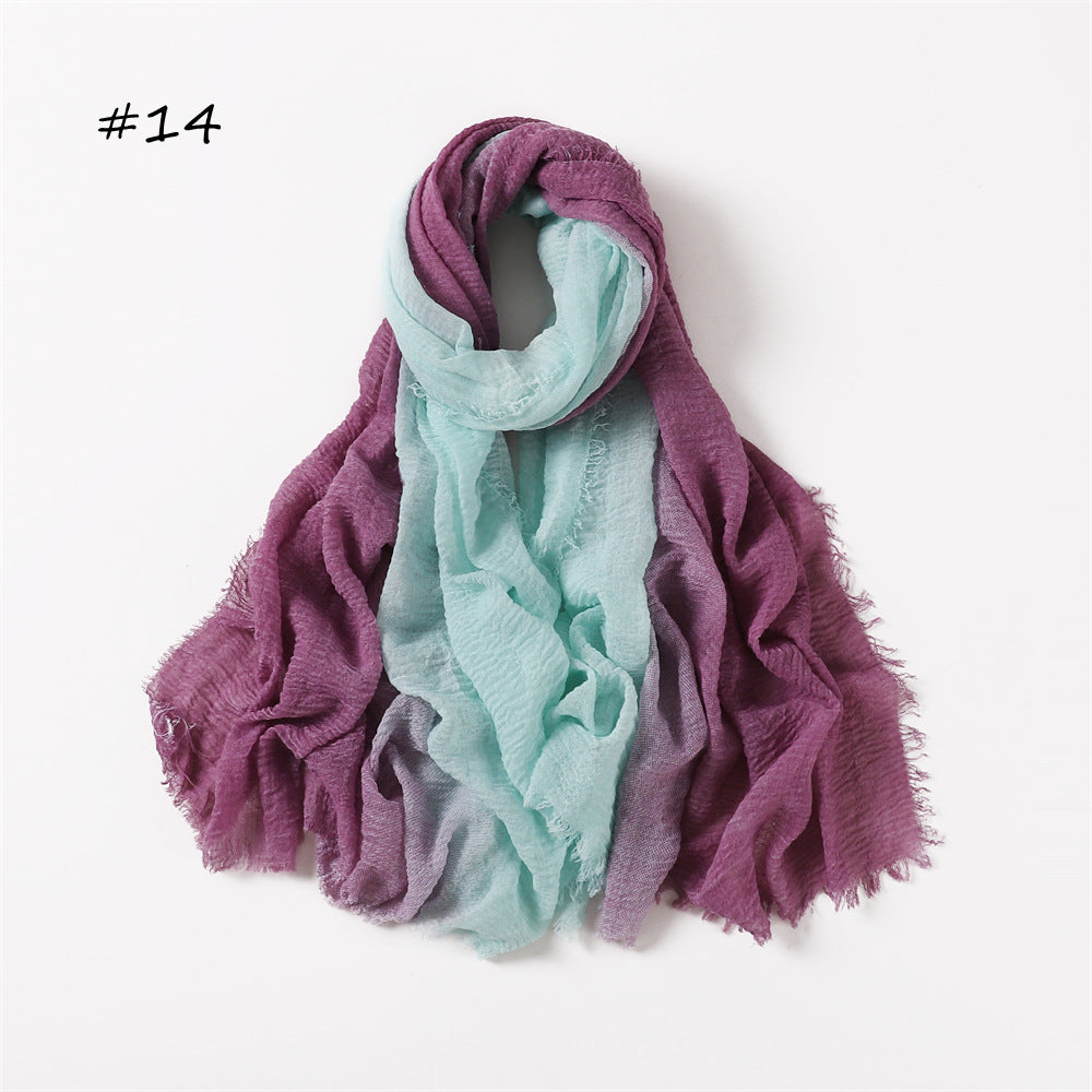 YZ51 Hand-painted gradient rainbow color bubble scarf wrinkled scarf with short beard on both ends hijab hijab/tudung printed hijab Gradient printed scarf