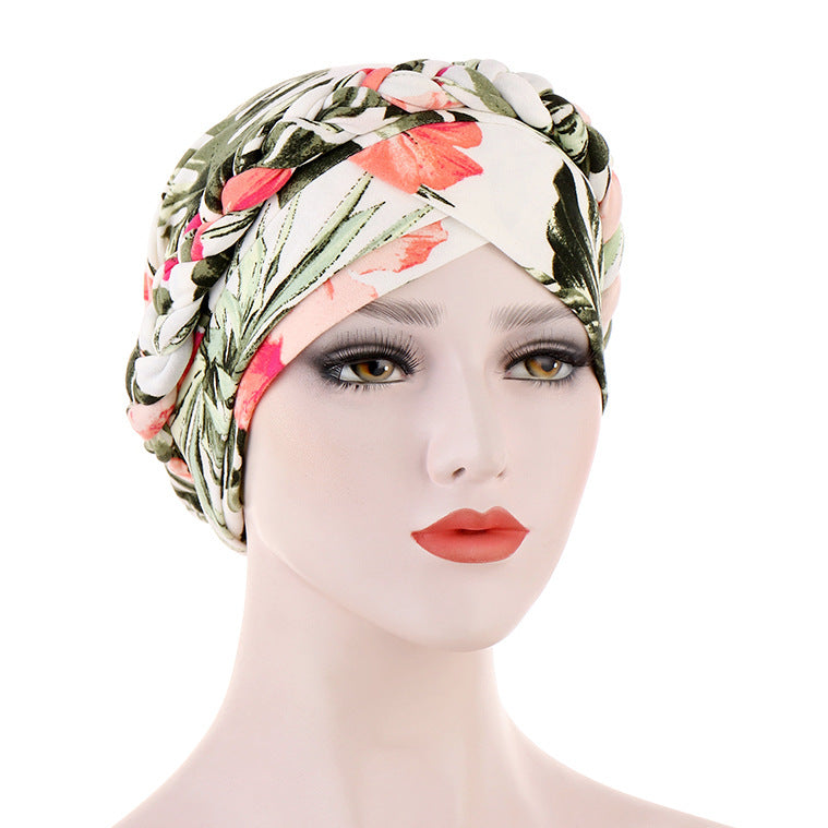 TJM-Floral short braids printed hijab turban hat - MinYang Fashion Apparel Accessory Manufacturer