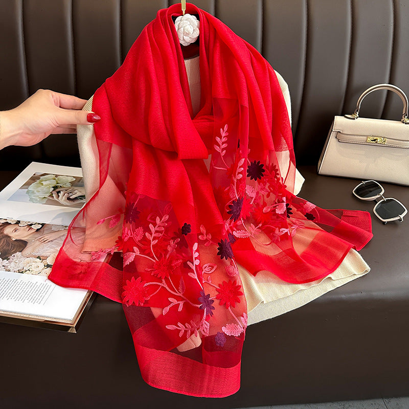 SZ109 Embroidered Begonia Flower Long Scarf