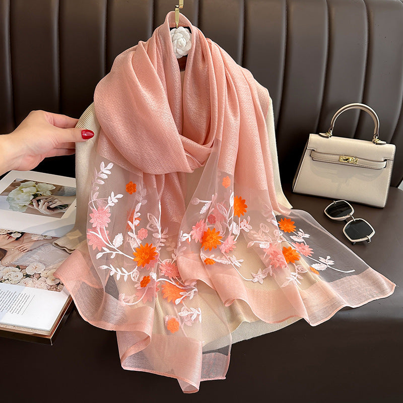 SZ109 Embroidered Begonia Flower Long Scarf