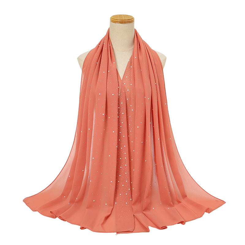 YS021 Pearl Chiffon Diamond Long Scarf for Women - MOQ:2 - MinYang Fashion Apparel Accessory Manufacturer
