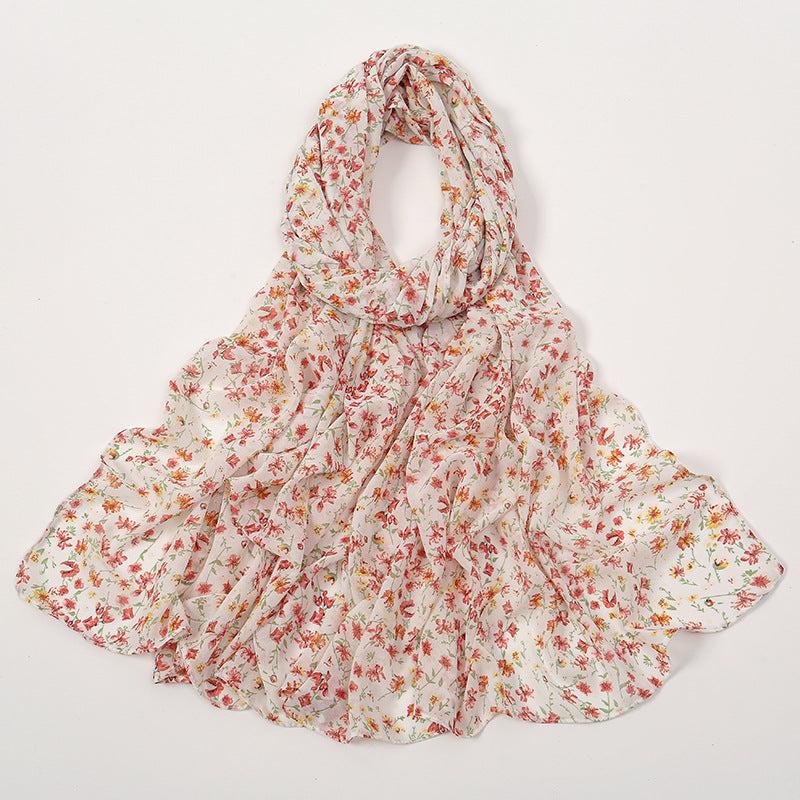 YW332 Fresh floral chiffon print long scarf for women in stock Hot selling small floral long shawl plain hijab hijab/tudung printed hijab