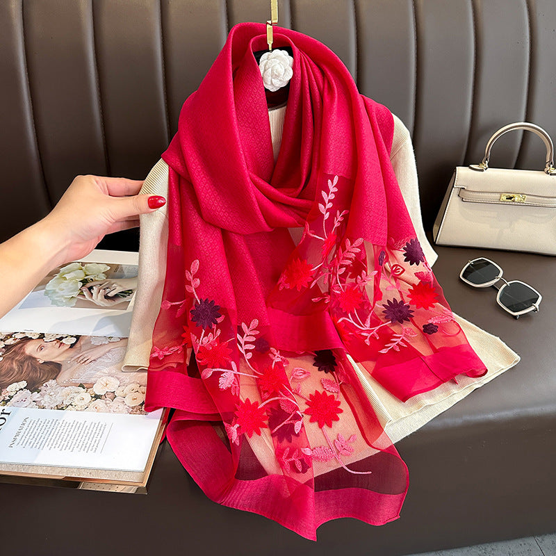 SZ109 Embroidered Begonia Flower Long Scarf