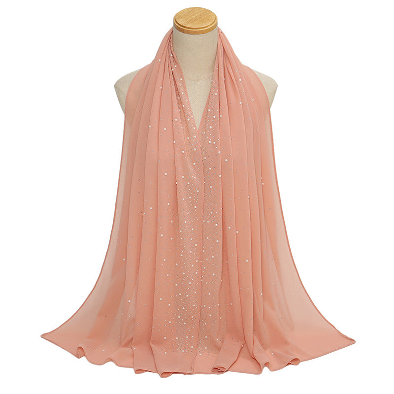 YS021 Pearl Chiffon Diamond Long Scarf for Women - MOQ:2 - MinYang Fashion Apparel Accessory Manufacturer