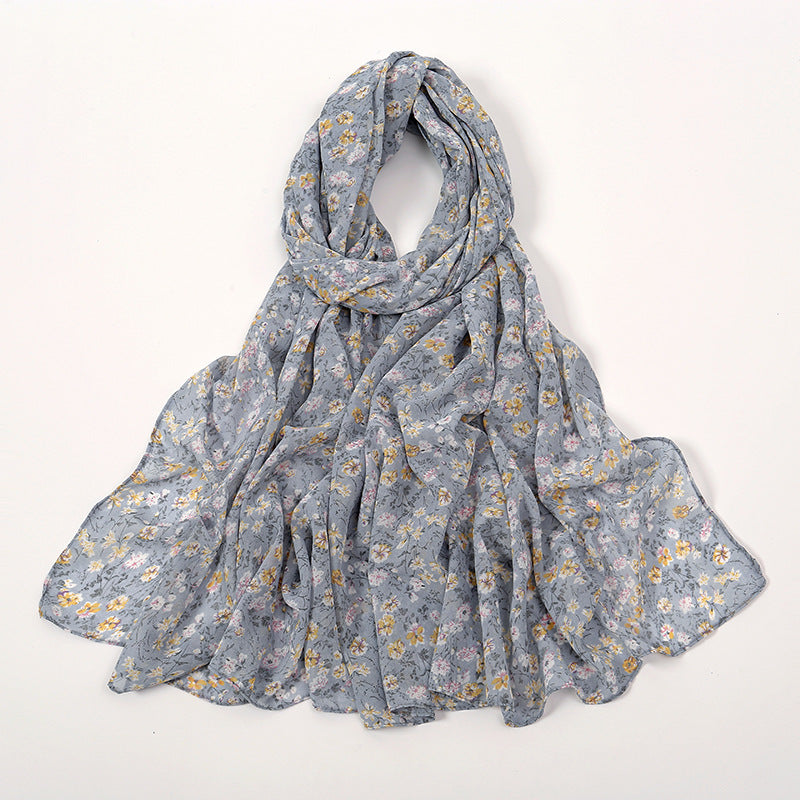 YW332 Fresh floral chiffon print long scarf for women in stock Hot selling small floral long shawl plain hijab hijab/tudung printed hijab