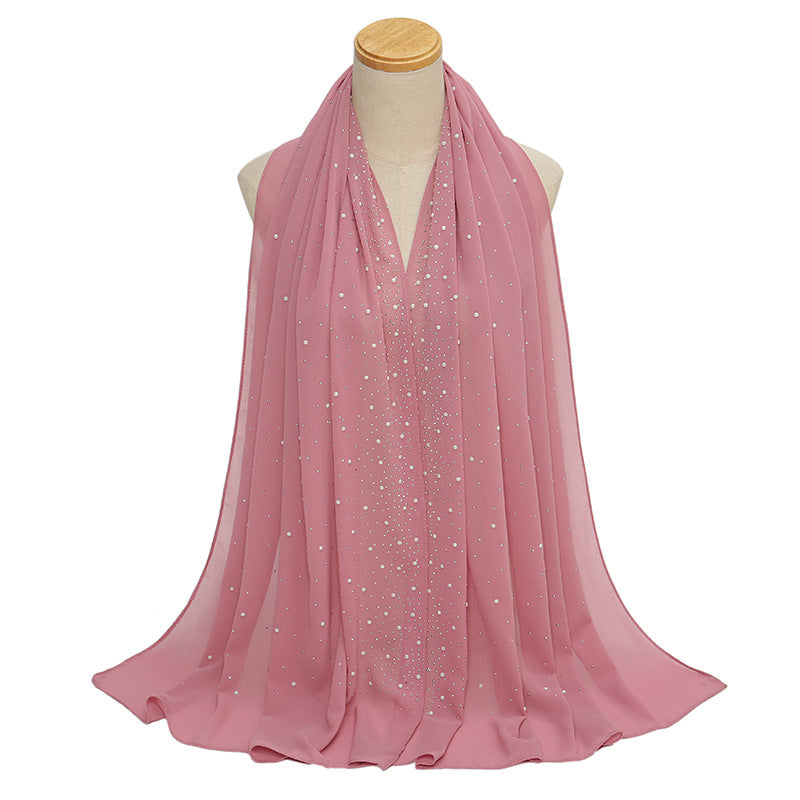 YS021 Pearl Chiffon Diamond Long Scarf for Women - MOQ:2 - MinYang Fashion Apparel Accessory Manufacturer