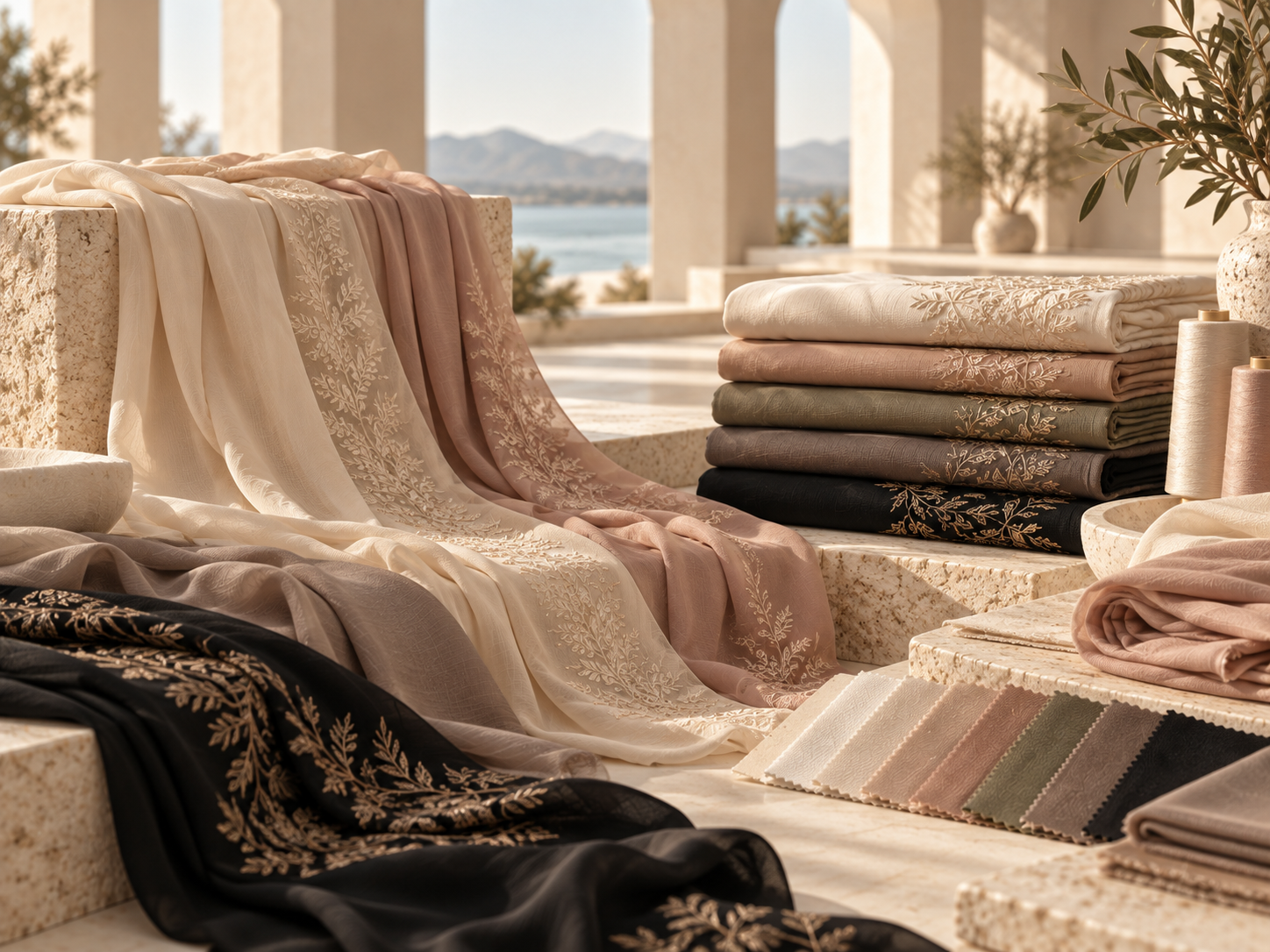 Premium hijab and abaya fabric details and swatches