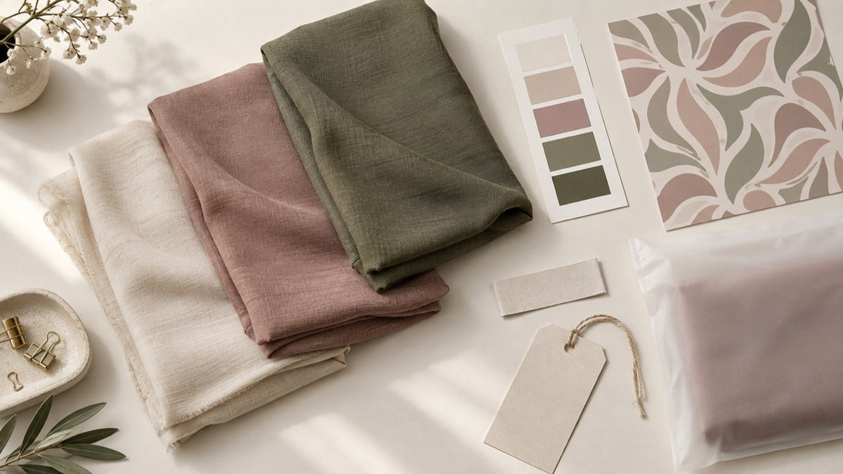Hijab samples, color swatches, print artwork and packaging arranged for brand planning