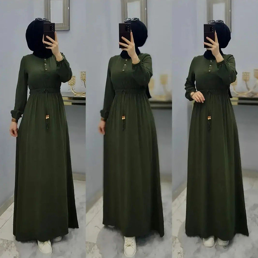 DZ0007 Fashionable Muslim long elegant slim fit loose waisted long sleeve dress