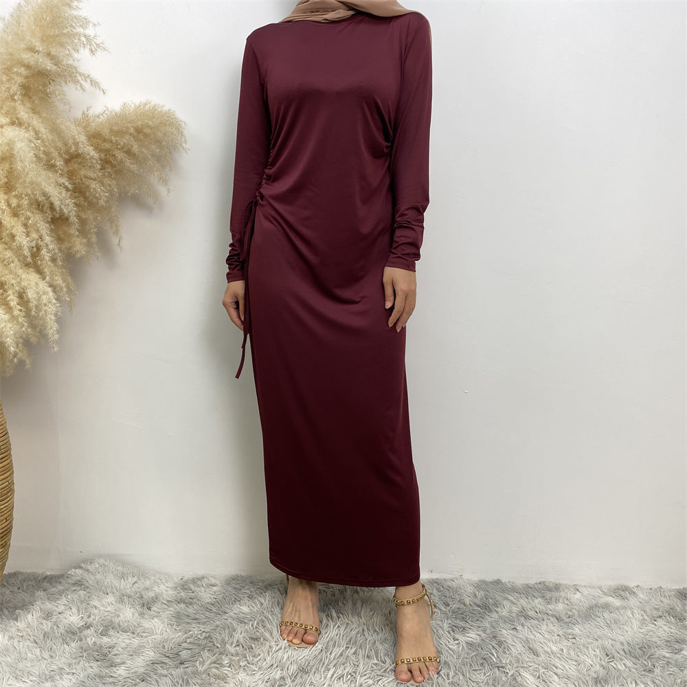 6736 Arabian solid color long-sleeved dress women's side drawstring bottoming shirt - MinYang Fashion Apparel Accessory Manufacturer