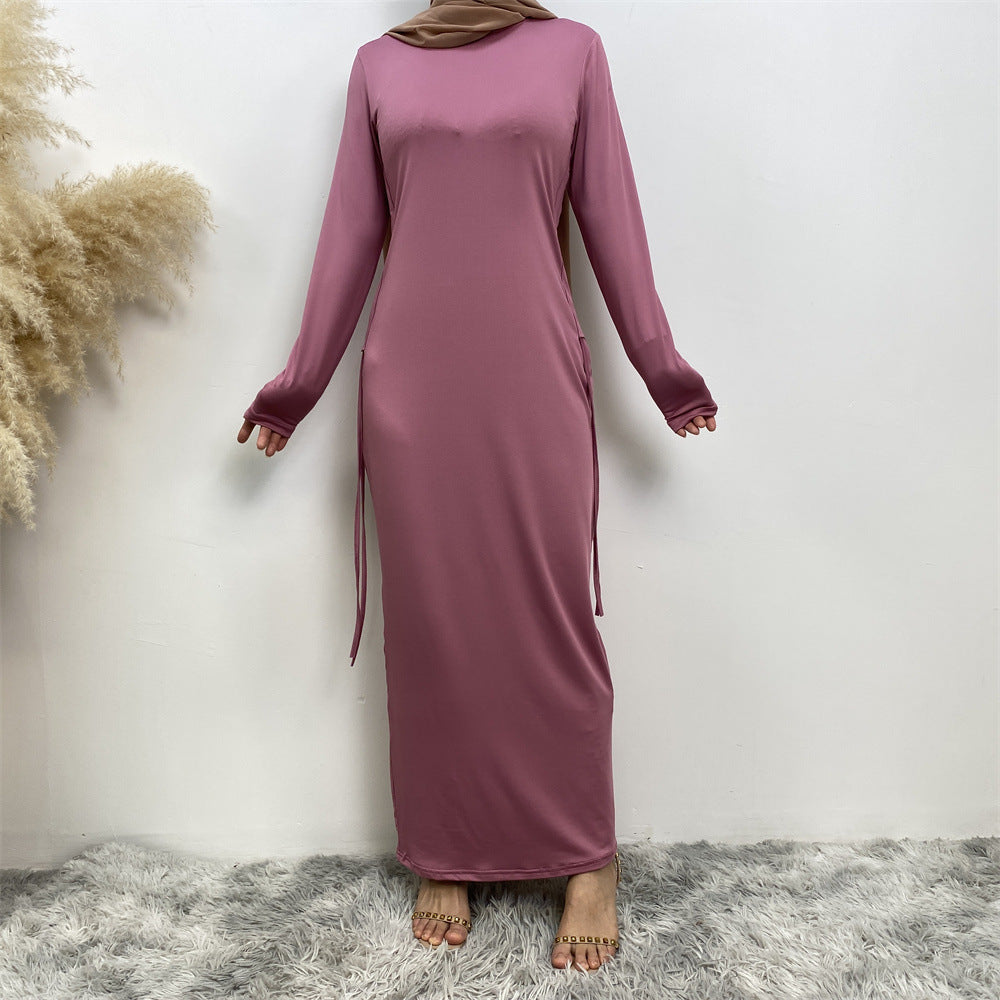 6736 Arabian solid color long-sleeved dress women's side drawstring bottoming shirt - MinYang Fashion Apparel Accessory Manufacturer