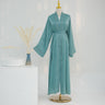 light green cardigan + headscarf