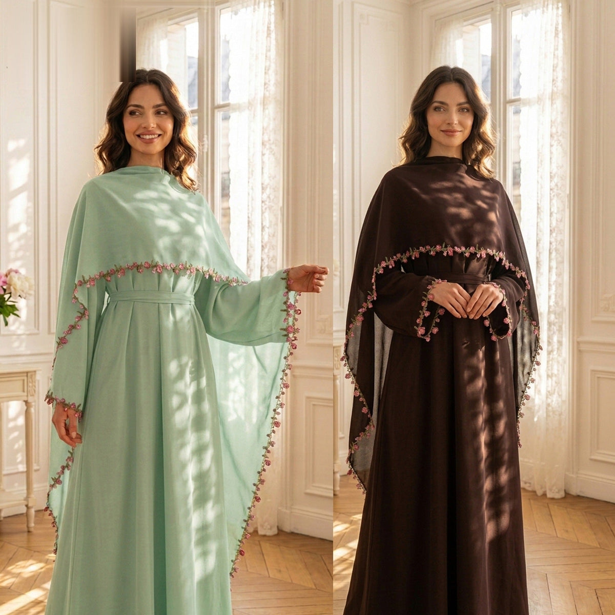 LR1355  Contrast Lace Trim Patchwork Dress and Hijab Two Piece Set