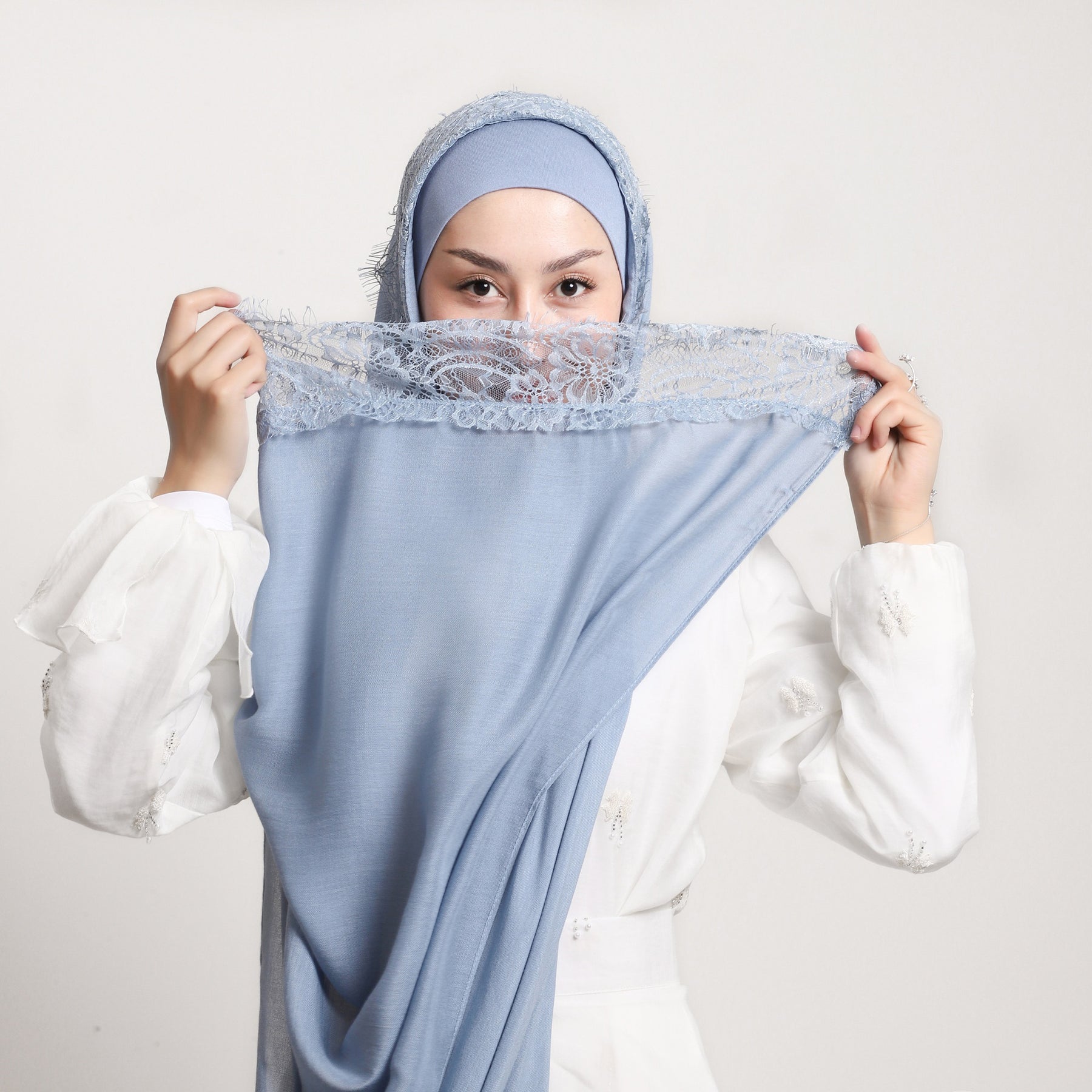 YZ347  Plain Modal Lace Hijab + Mercerized Cotton Tube Cap Set