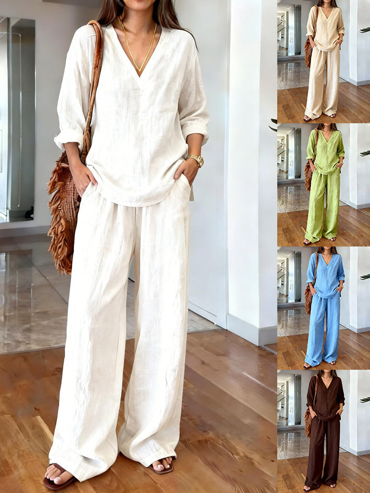 CB003  Elegant V-Neck Long Sleeve Top & Pants Abaya 2-Piece Set