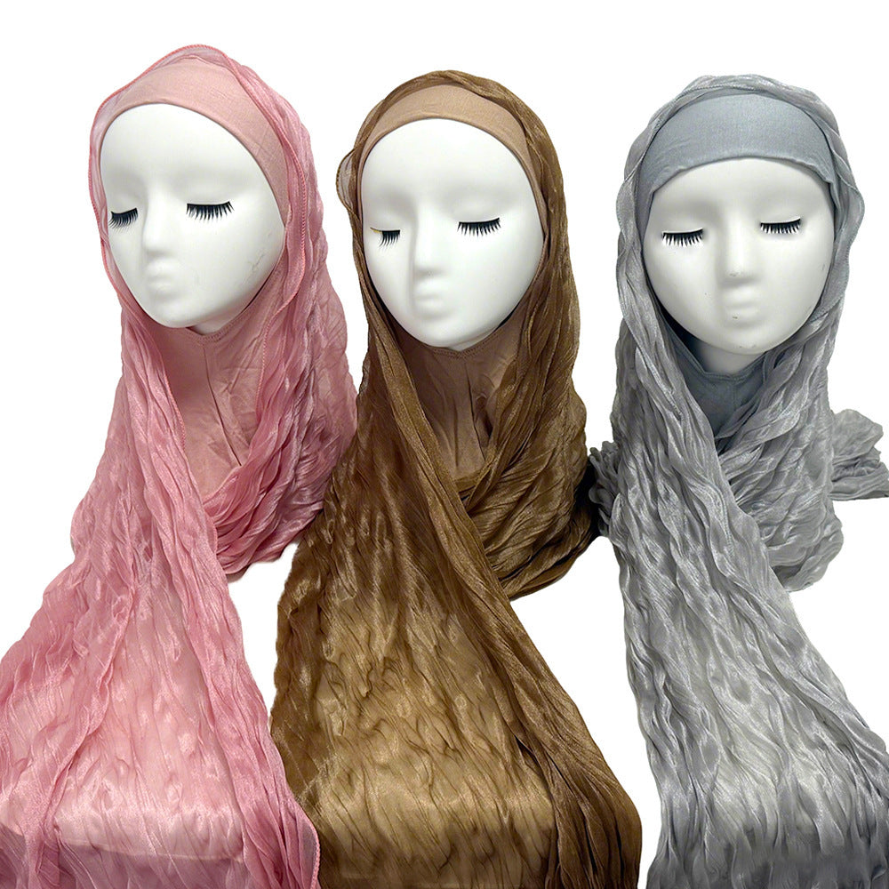 WJZH09  Plain Solid Polyester Crinkle Hijab with Inner Cap Set