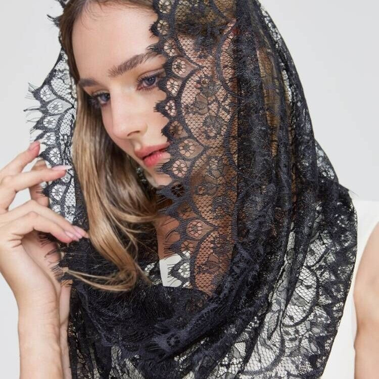 YY1688-87  Plain Black and White Lace Breathable Eyelash Round Hijab