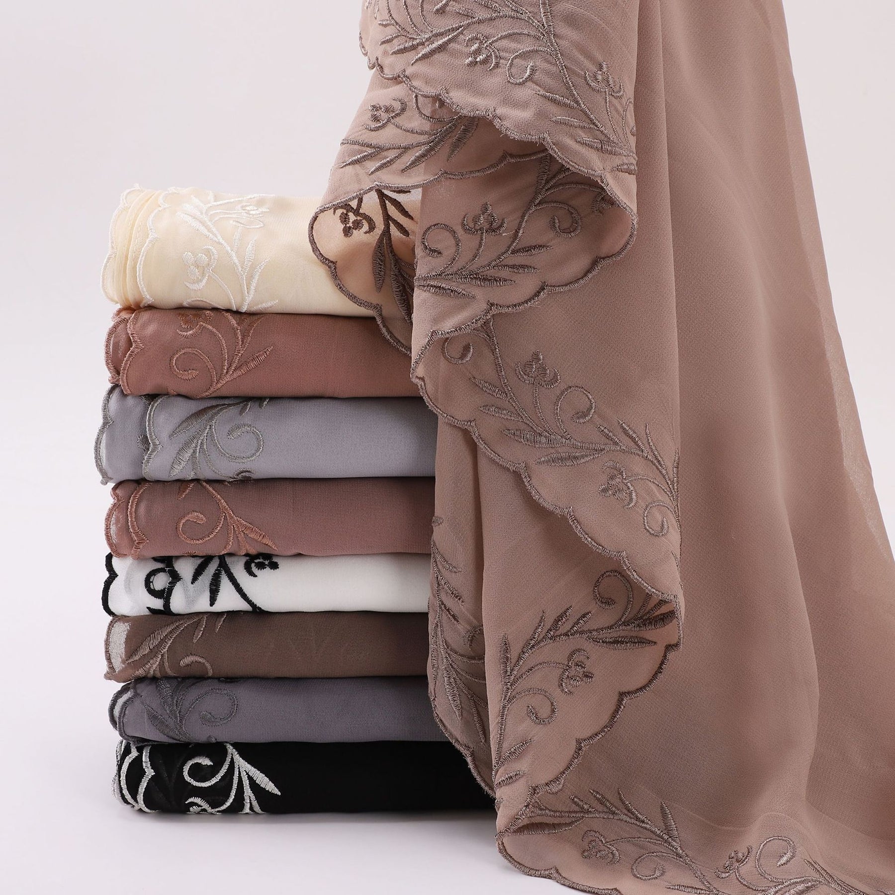 W-0512  Pearl Chiffon Long Hijab with One Side Embroidery
