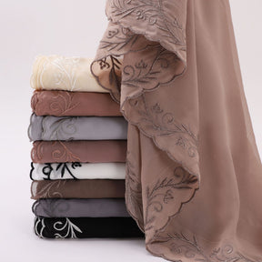 W-0512  Pearl Chiffon Long Hijab with One Side Embroidery